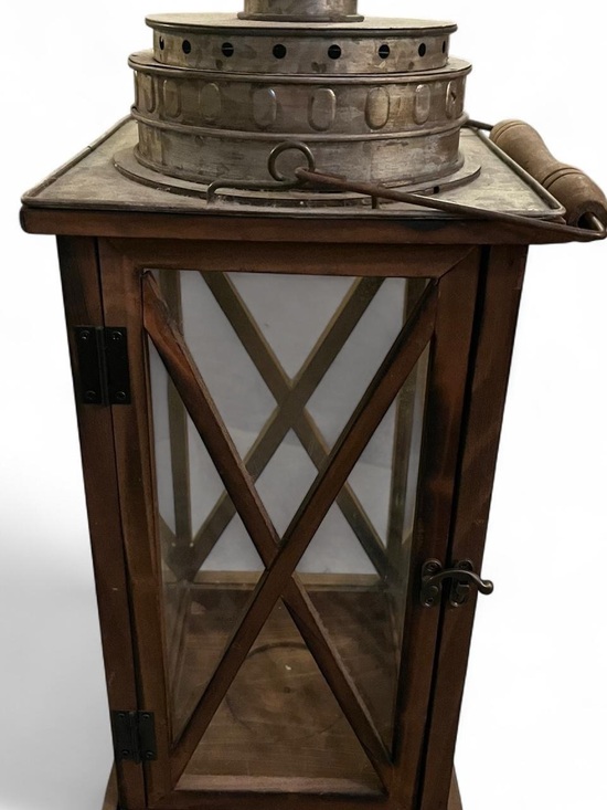 Handmade Other - Rustic Brown Wood and Metal Lantern with X-Frame Glass Panels